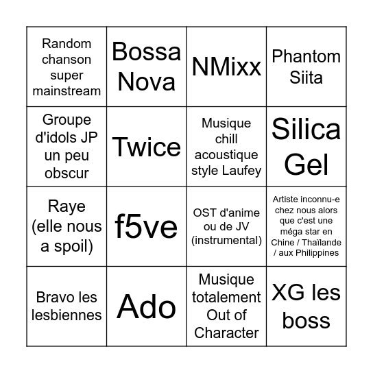 Playlist de Kip Bingo Card
