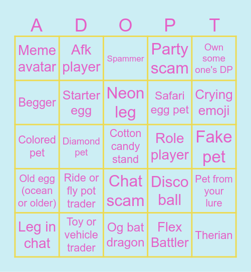 Adopt Me Bingo Card