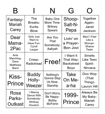 80's-90's Hits Mixtape Bingo Card