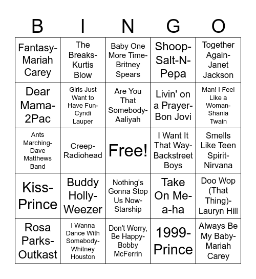 80's-90's Hits Mixtape Bingo Card