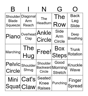 Arthritis Exercise Bingo Card