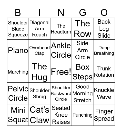 Arthritis Exercise Bingo Card