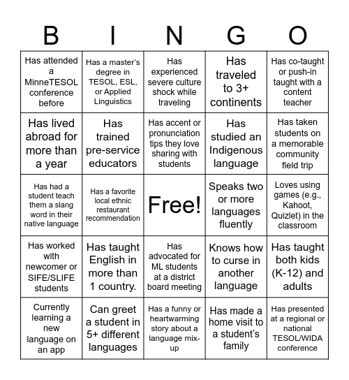 MinneTESOL Bingo Card