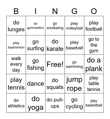 SPORT AND EXERCISE Bingo Card