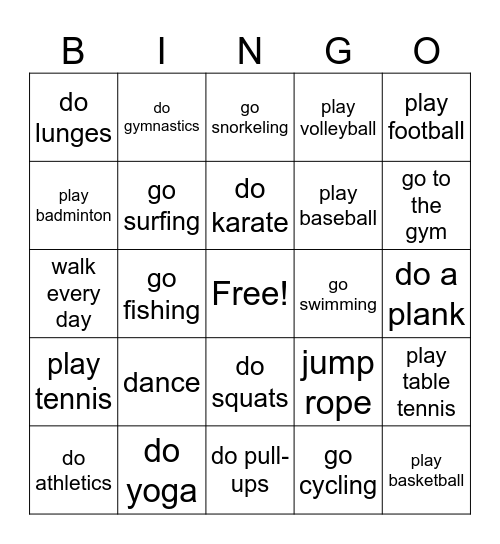 SPORT AND EXERCISE Bingo Card
