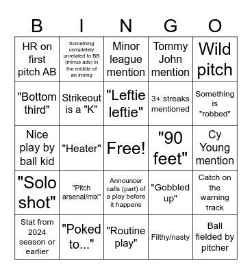 Baseball Game/Announcer Bingo Card