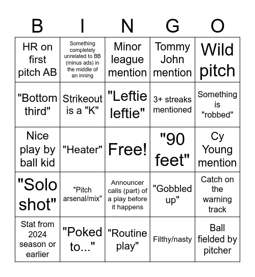Baseball Game/Announcer Bingo Card