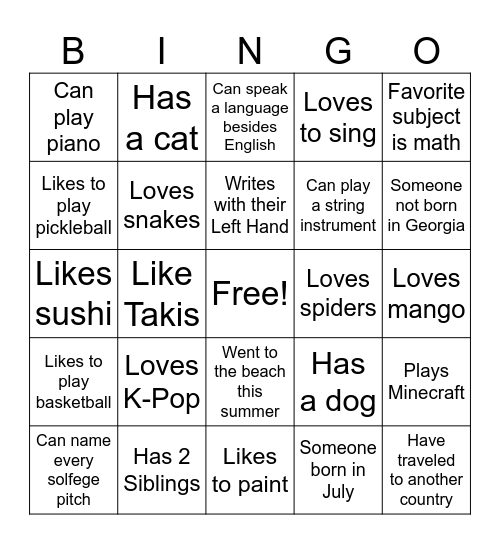Get to Know You Bingo Card
