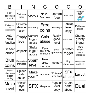 Geometry Dash 2.2 Recent Tab Bingo by Fr1man Bingo Card