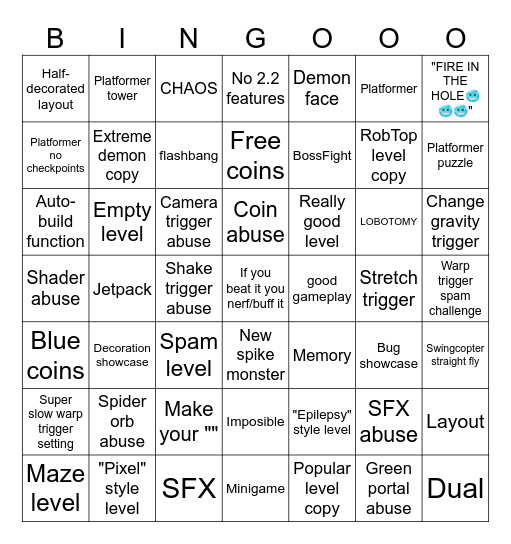Geometry Dash 2.2 Recent Tab Bingo by Fr1man Bingo Card