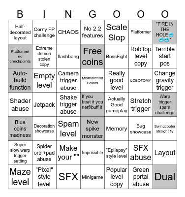 Geometry Dash 2.2 Recent Tab Bingo by Fr1man Bingo Card
