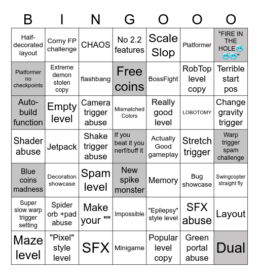 Geometry Dash 2.2 Recent Tab Bingo by Fr1man Bingo Card