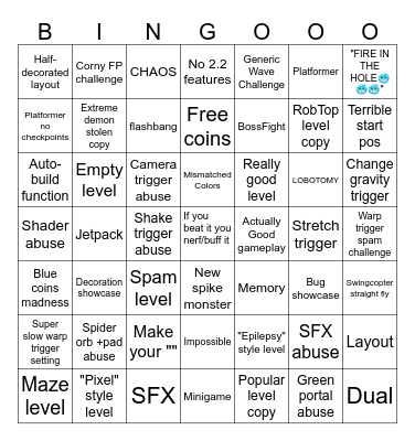 Geometry Dash 2.2 Recent Tab Bingo by Fr1man Bingo Card