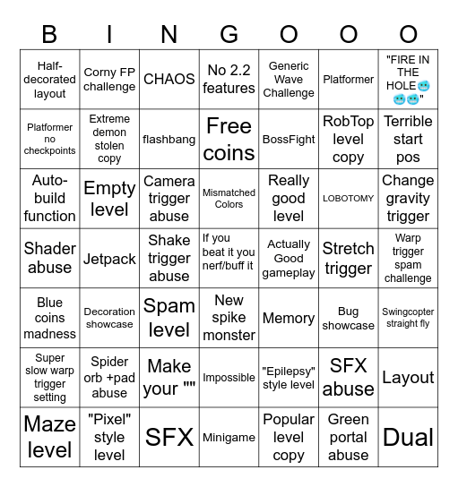 Geometry Dash 2.2 Recent Tab Bingo by Fr1man Bingo Card