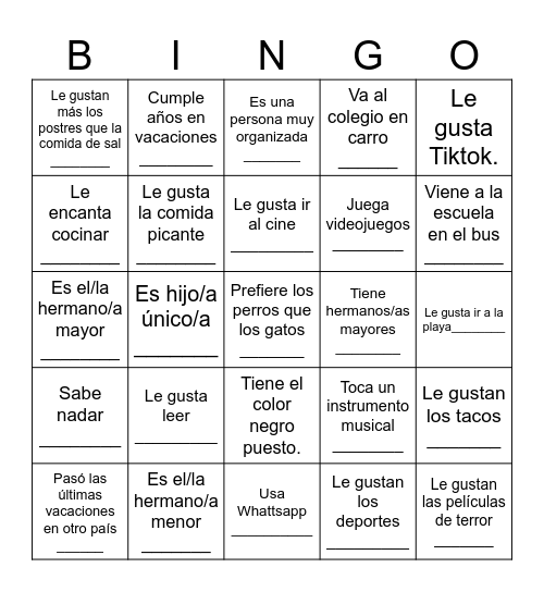 BINGO para conocerse Bingo Card