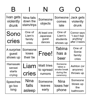 Liam’s Wedding Bingo Card