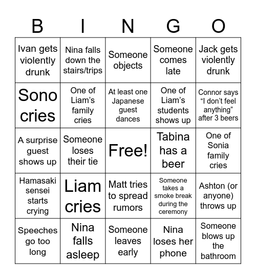 Liam’s Wedding Bingo Card