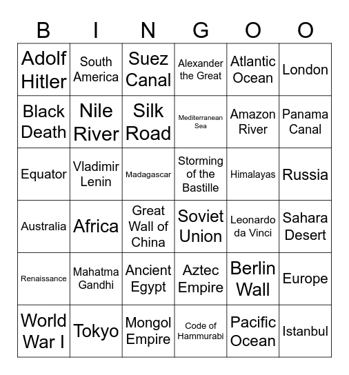 World History Bingo Card