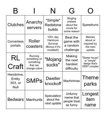 Minecraft Fads/Trends Bingo Card