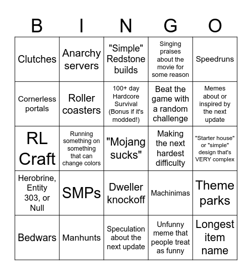 Minecraft Fads/Trends Bingo Card