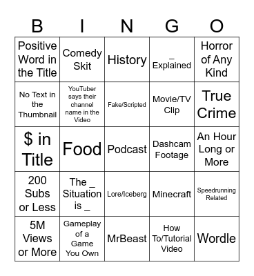 YouTube Bingo Card