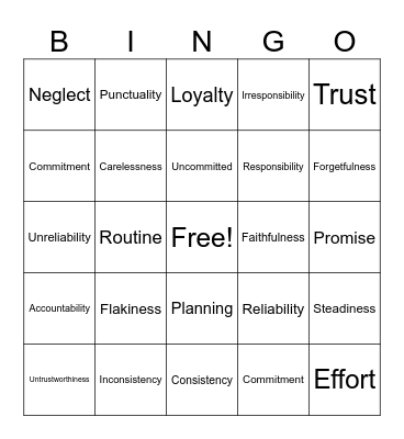 Dependability Synonyms & Antonyms Bingo Card