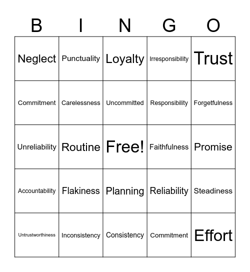 Dependability Synonyms & Antonyms Bingo Card