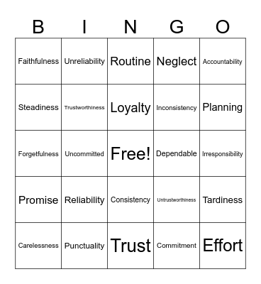 Dependability Synonyms & Antonyms Bingo Card