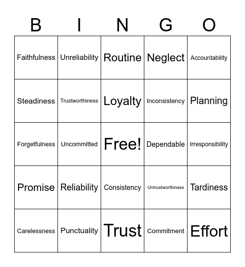 Dependability Synonyms & Antonyms Bingo Card