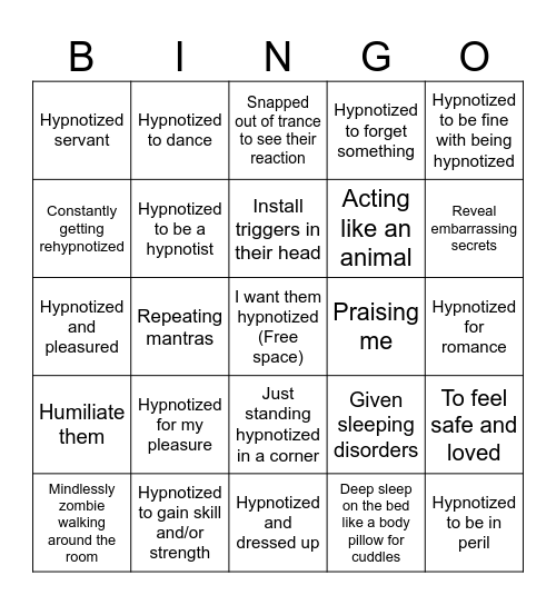 Hypnotized Character Bingo Card