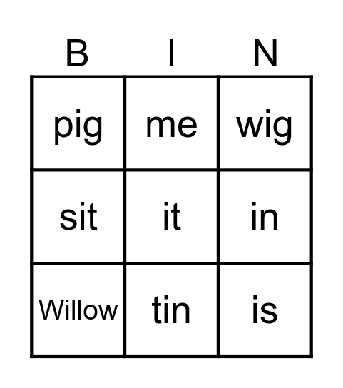 Letter i Bingo Card