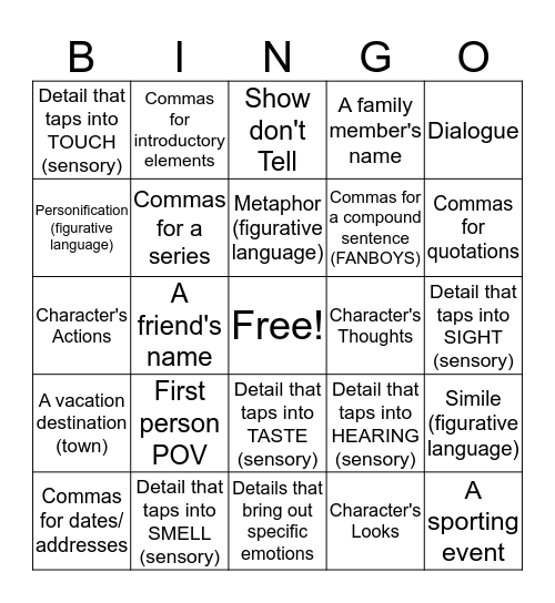 Editing BINGO  Bingo Card