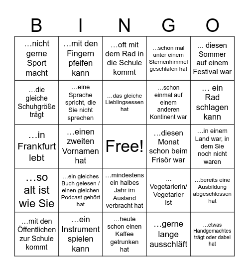 Finden Sie jemanden, der/die… Bingo Card