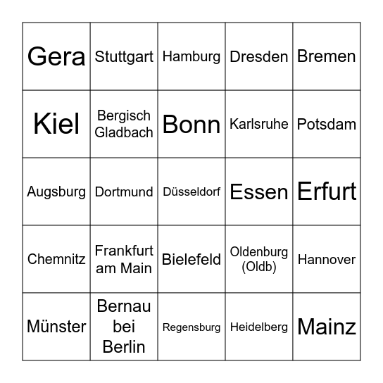 Städtebingo Card