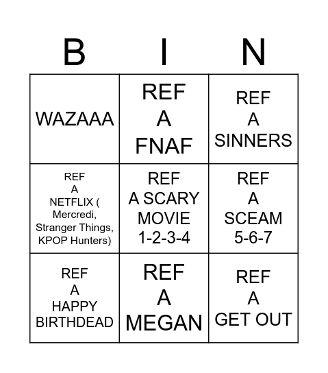 SCARY MOVIE 6 BINGO Card