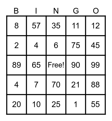 Number Bingo Card