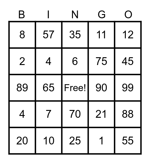 Number Bingo Card
