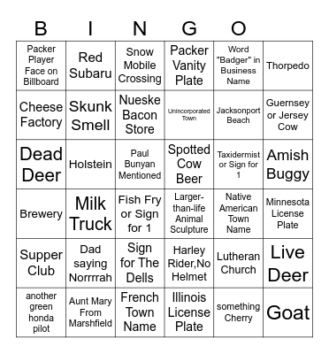 Wisconsin Road Trip Bingo Card