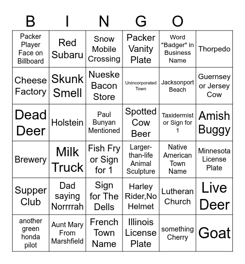 Wisconsin Road Trip Bingo Card