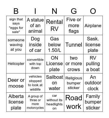 Roadtrip Bingo Card