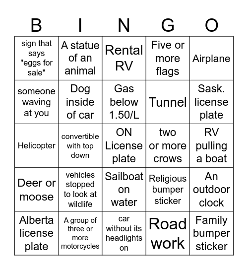 Roadtrip Bingo Card