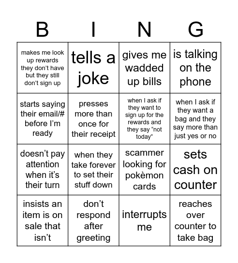 Cashwrap Bingo Card