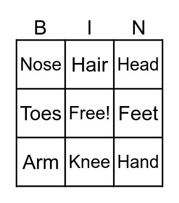 Body Parts Bingo Card