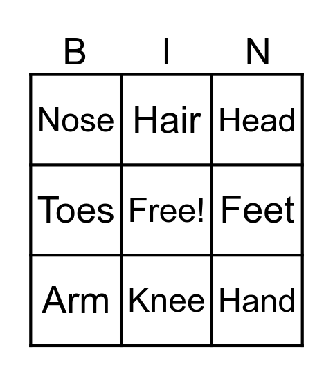 Body Parts Bingo Card