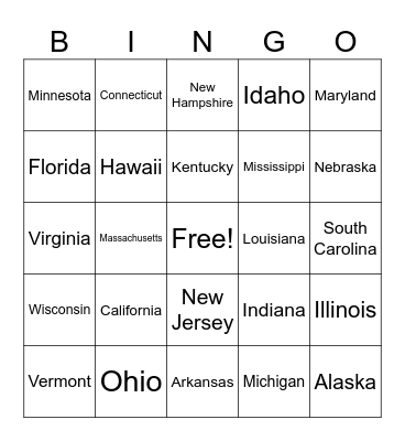 States (All 50) Bingo Card