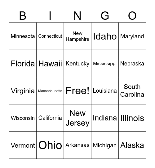 States (All 50) Bingo Card