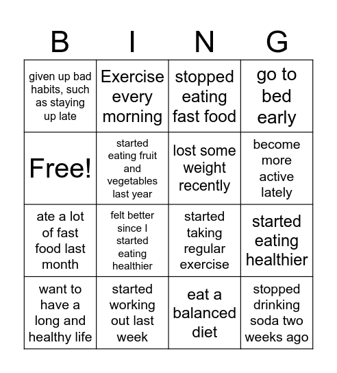 A long and healthy life Bingo Card