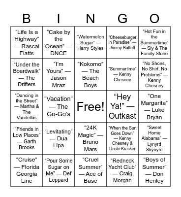 Summer Hits Bingo Card