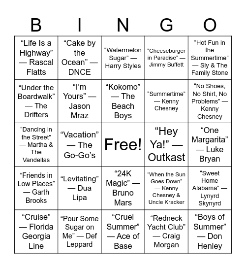 Summer Hits Bingo Card