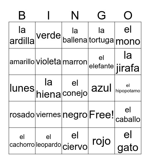 Spanish Bingo Card